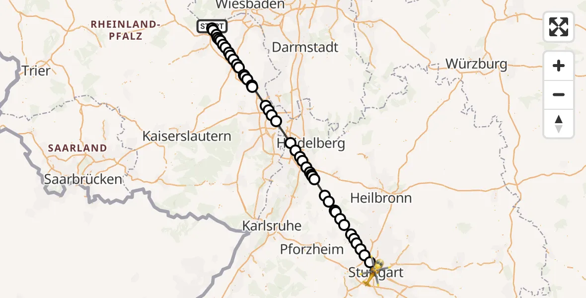 Flugroute Ambulanzhubschrauber Geisenheim - Stuttgart, 24 August 2026, 09:05