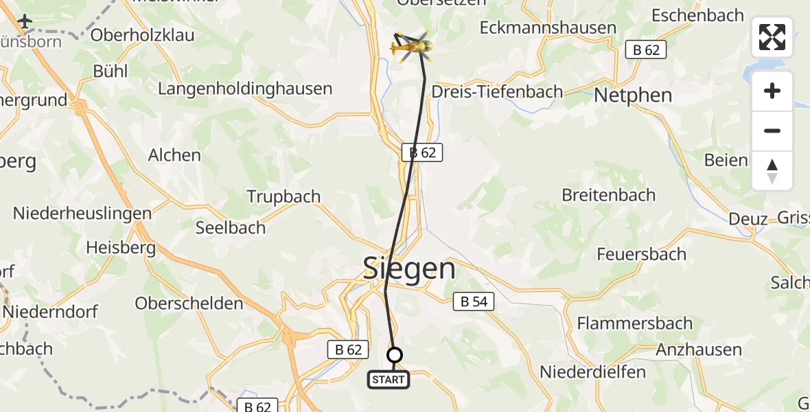 Flugroute Rettungshubschrauber Evangelisches Jung-Stilling Hospital - Siegen, 24 August 2026, 09:11