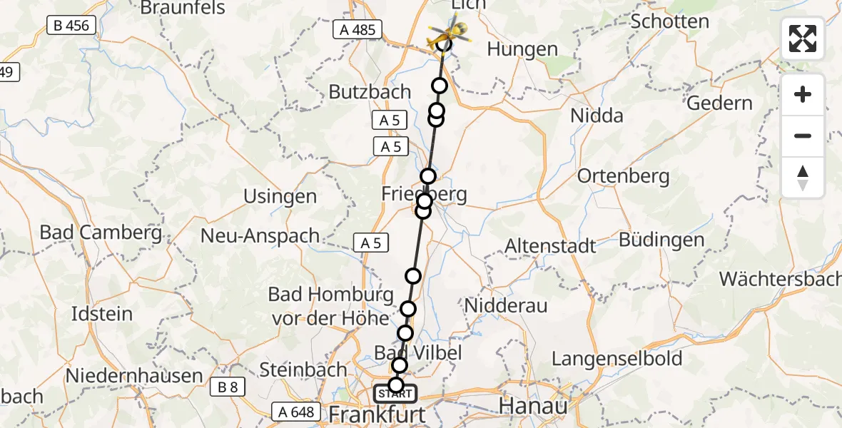 Flugroute Rettungshubschrauber Frankfurt am Main Accident Hospital Roof Helipad (CHX2) - Lich, 24 August 2026, 09:11