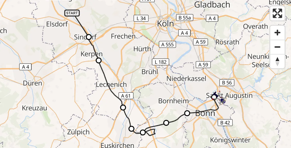 Flugroute Polizeihubschrauber Bergheim - Sankt Augustin, 24 August 2026, 09:15