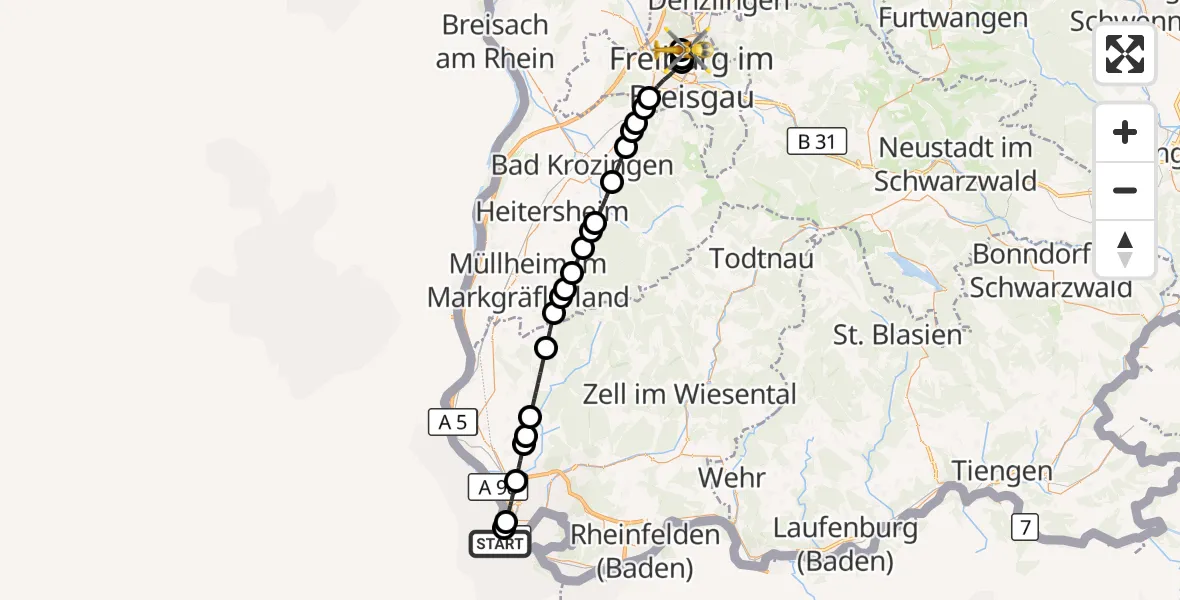 Flugroute Ambulanzhubschrauber Hirzbrunnen - Freiburg im Breisgau Flugplatz, 24 August 2026, 09:20