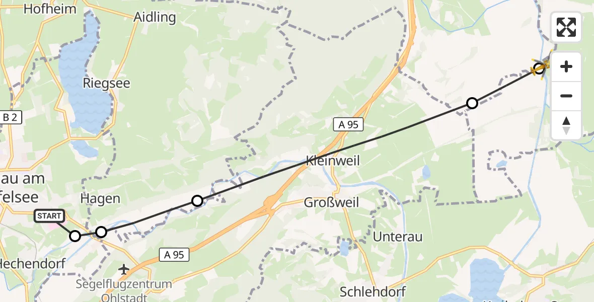 Flugroute Rettungshubschrauber Murnau Accident Hospital - Benediktbeuern, 24 August 2026, 09:21