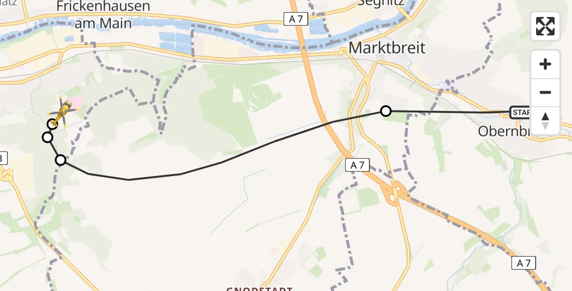 Flugroute Rettungshubschrauber Obernbreit - Ochsenfurt Hospital, 24 August 2026, 09:30
