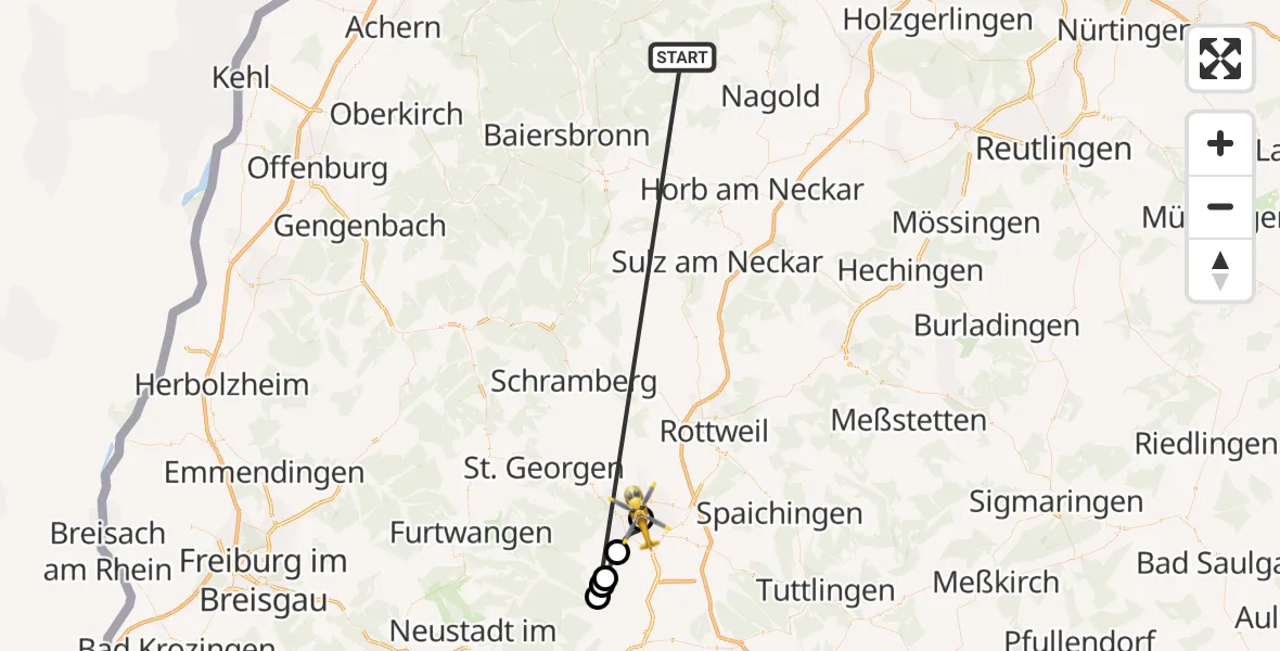 Flugroute Ambulanzhubschrauber Altensteig - DRF Air Rescue Station Villingen-Schwenningen Hubschrauberlandeplatz (Christoph 11), 24 August 2026, 09:31