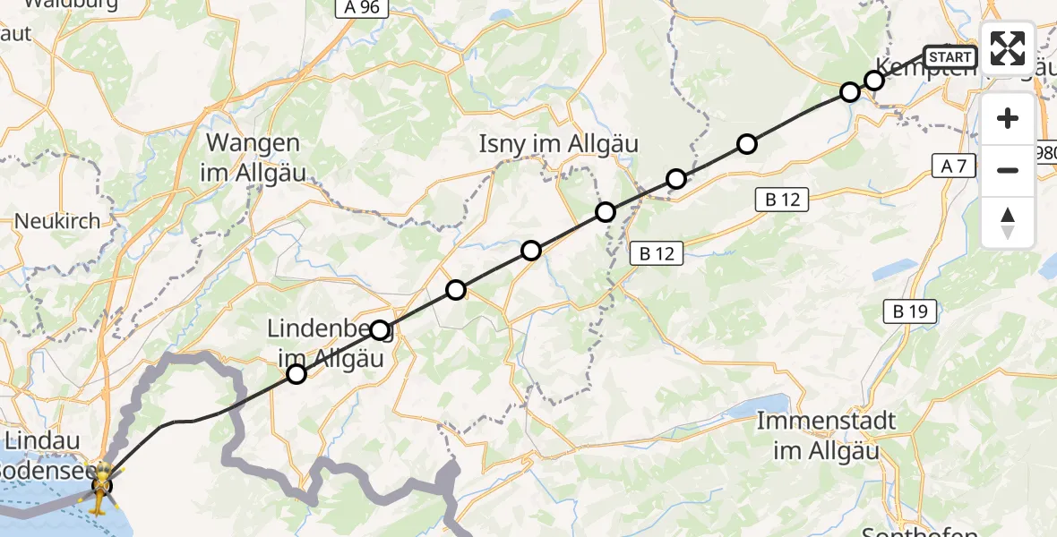 Flugroute Rettungshubschrauber Kempten (Allgäu) - Lindau (Bodensee), 24 August 2026, 09:32