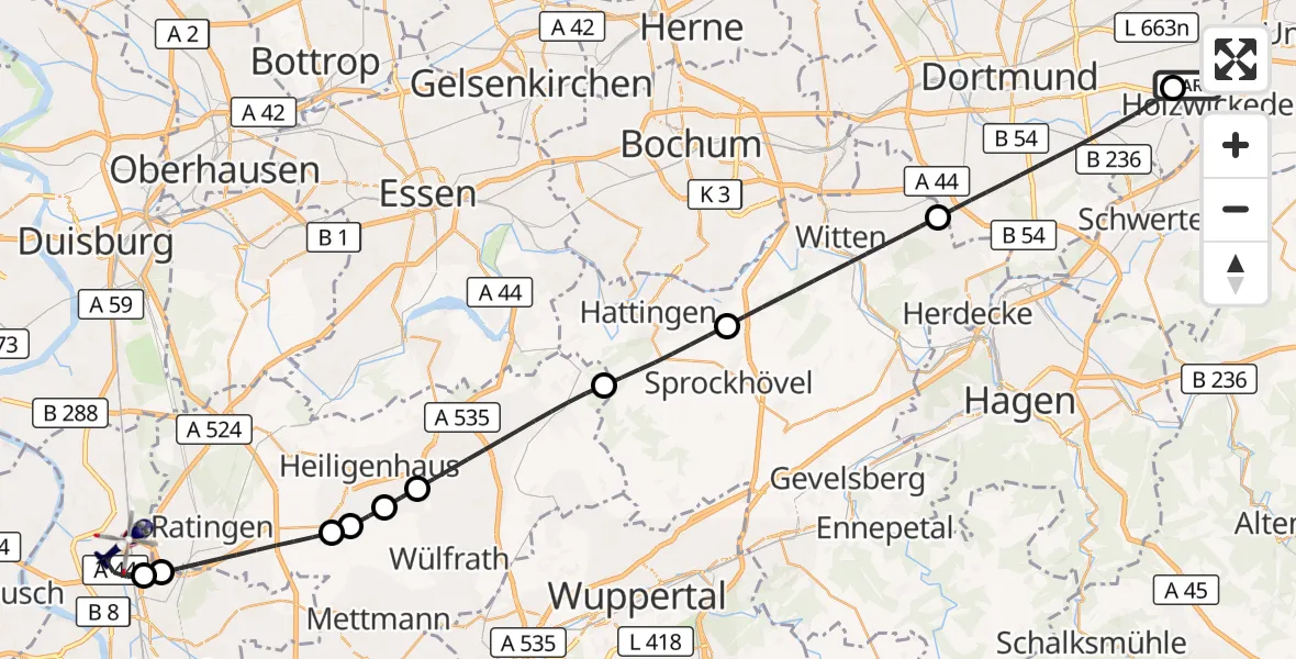 Flugroute Polizeihubschrauber Dortmund Flughafen - Düsseldorf Flughafen, 24 August 2026, 09:38
