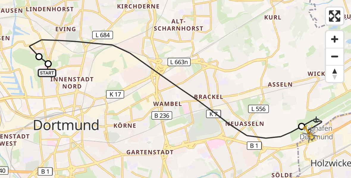 Flugroute Rettungshubschrauber Dortmund Hospital North - Dortmund Flughafen, 24 August 2026, 09:39