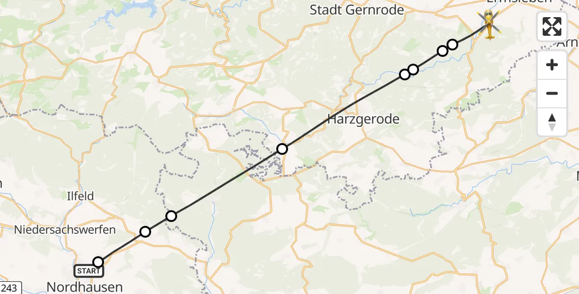 Flugroute Rettungshubschrauber Südharz Hospital Nordhausen - Falkenstein/Harz, 24 August 2026, 09:40