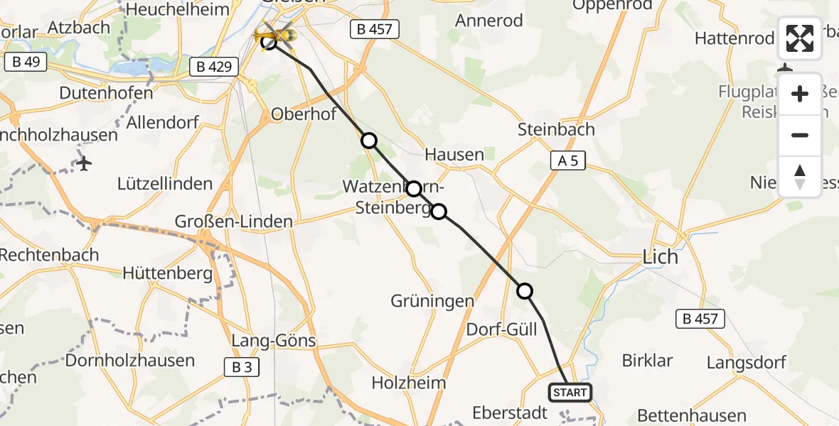 Flugroute Rettungshubschrauber Lich - Gießen University Hospital, 24 August 2026, 09:48