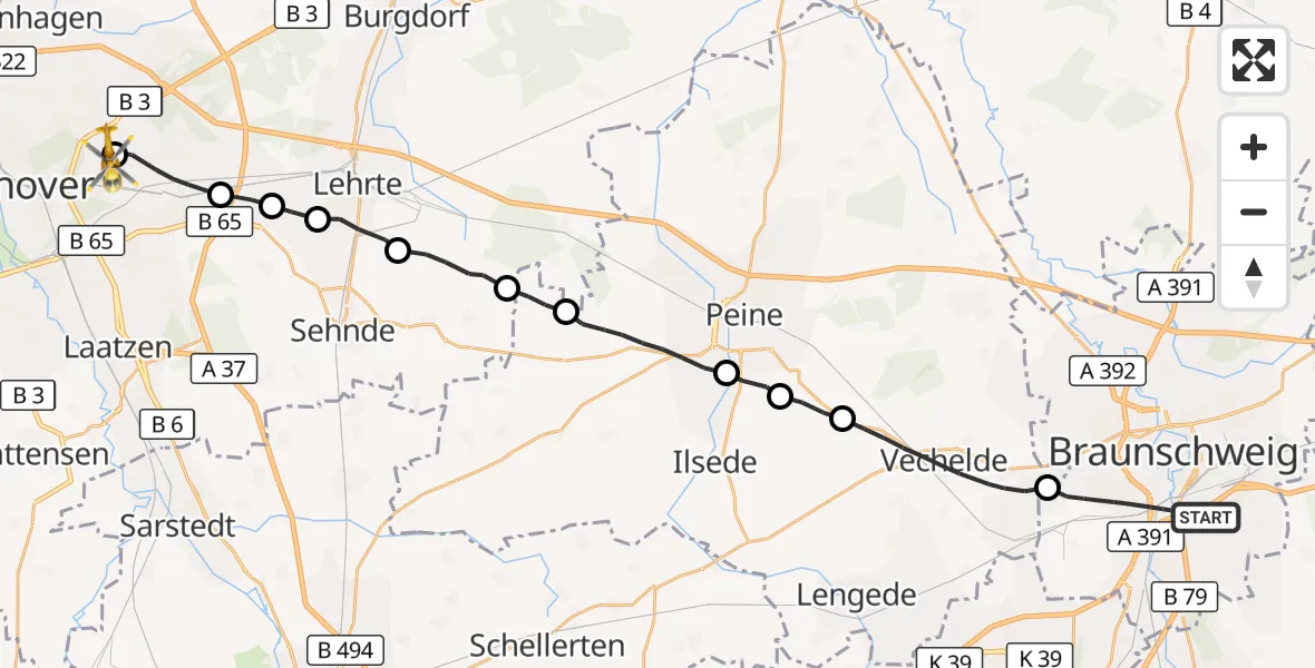 Flugroute Rettungshubschrauber Braunschweig - Hannover Luftrettung Hubschrauberlandeplatz (Christoph 4), 24 August 2026, 09:51