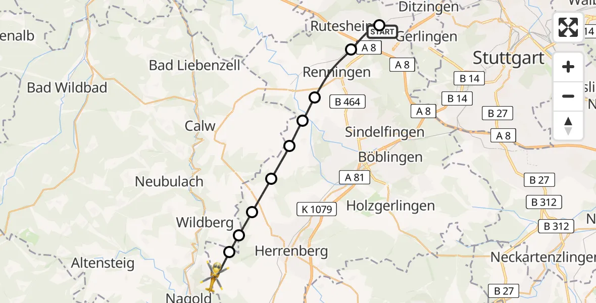 Flugroute Rettungshubschrauber Leonberg Hospital - Jettingen, 24 August 2026, 10:01