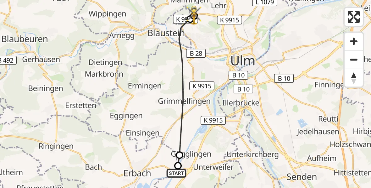 Flugroute Rettungshubschrauber Ulm - ADAC Air Rescue Station Ulm (Christoph 22), 24 August 2026, 10:01