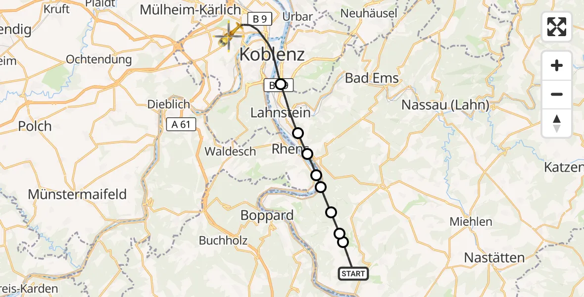 Flugroute Rettungshubschrauber Prath - Koblenz, 24 August 2026, 10:08