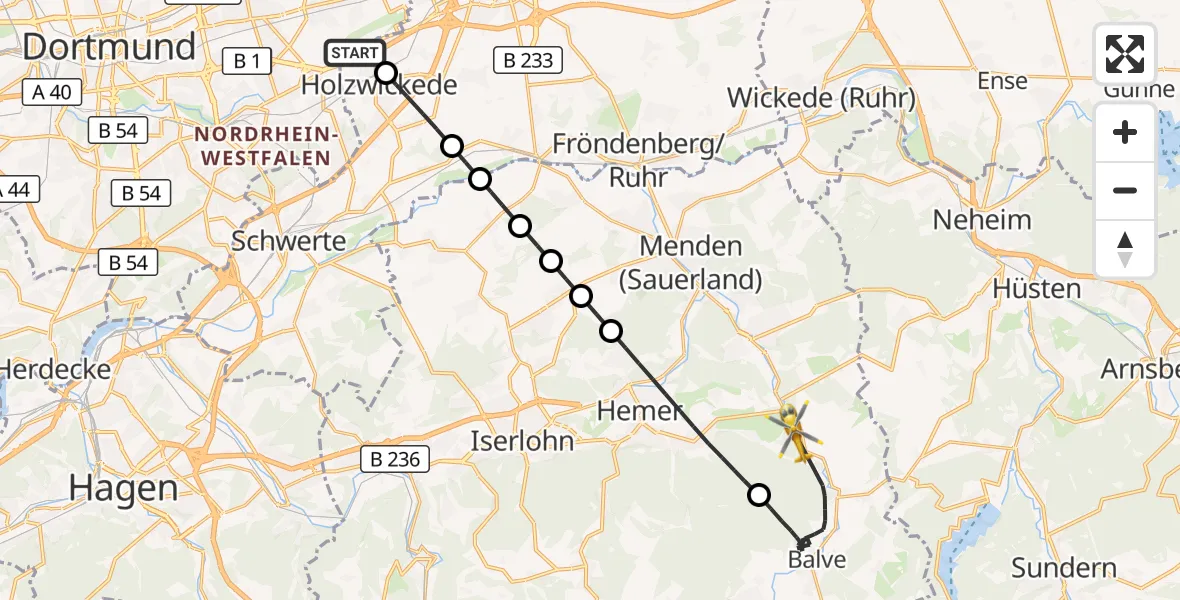 Flugroute Rettungshubschrauber Dortmund Flughafen - Balve, 24 August 2026, 10:13