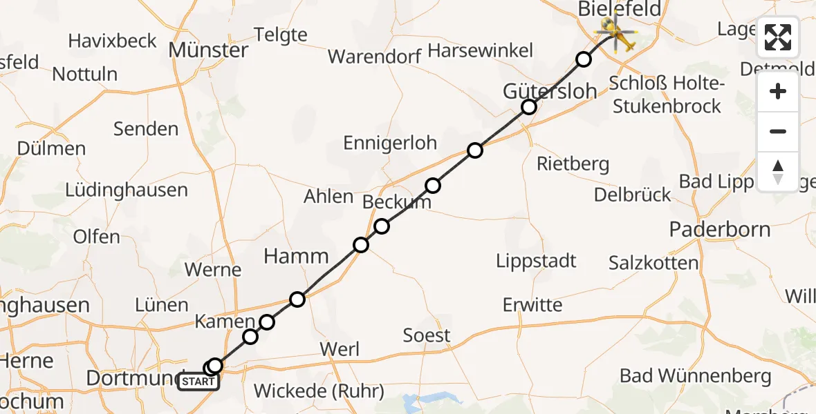 Flugroute Rettungshubschrauber Dortmund Flughafen - Luftrettungszentrum Bielefeld, 24 August 2026, 10:15