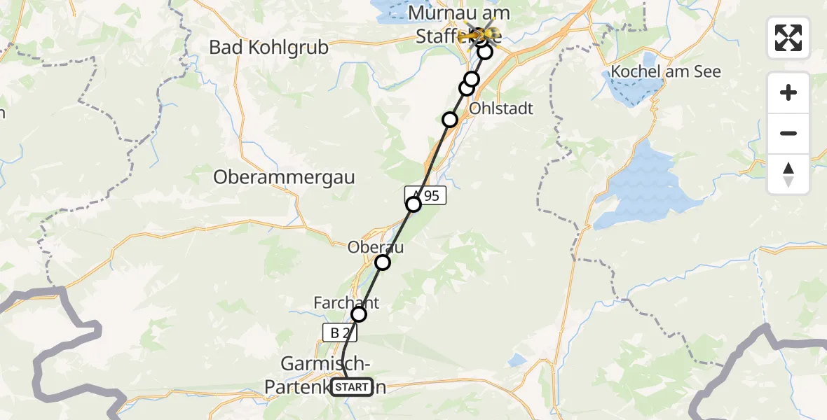 Flugroute Rettungshubschrauber Garmisch-Partenkirchen - Murnau Accident Hospital, 24 August 2026, 10:19