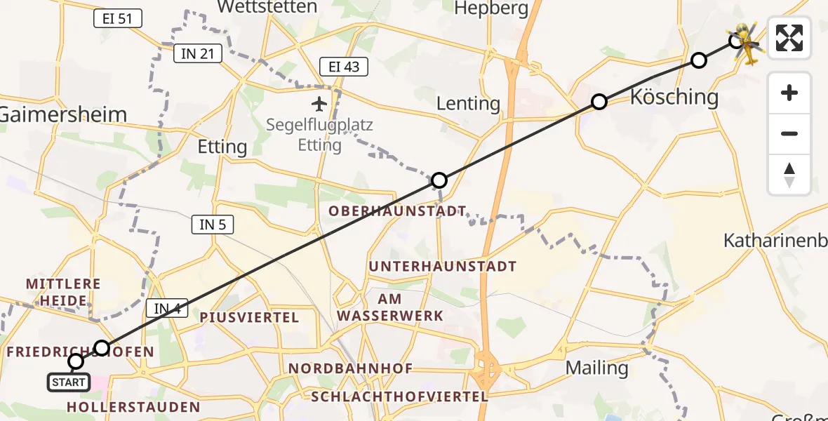 Flugroute Rettungshubschrauber Ingolstadt Hospital - Kösching, 24 August 2026, 10:21