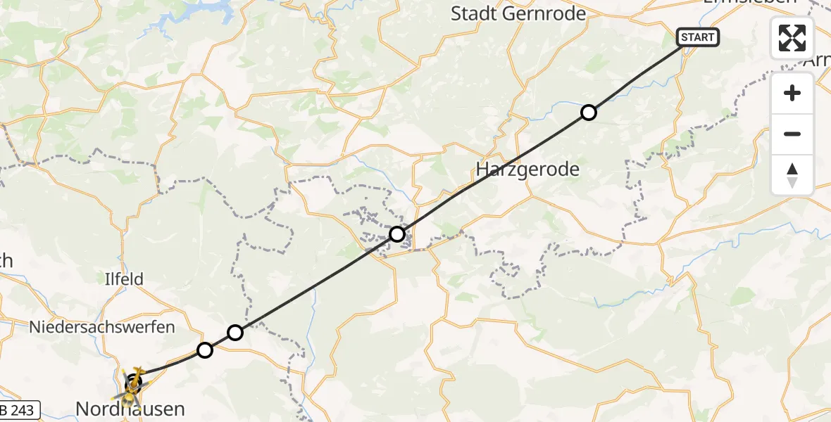 Flugroute Rettungshubschrauber Falkenstein/Harz - Südharz Hospital Nordhausen, 24 August 2026, 10:23