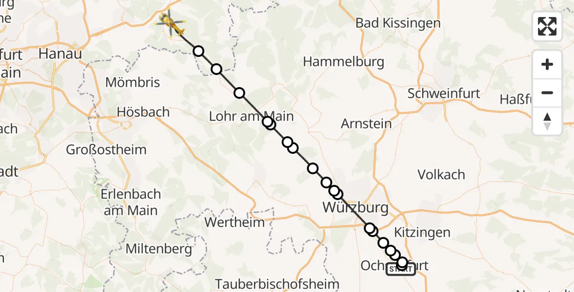 Flugroute Rettungshubschrauber Ochsenfurt Hospital - Biebergemünd, 24 August 2026, 10:24