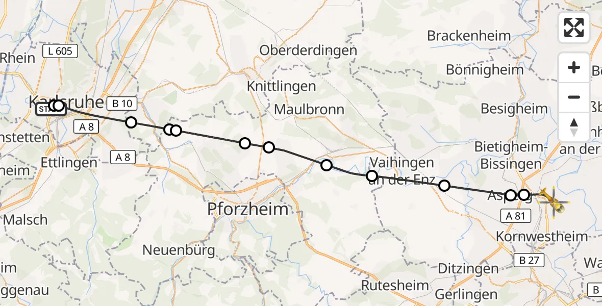 Flugroute Ambulanzhubschrauber Sankt Vincentius Hospital - Ludwigsburg, 24 August 2026, 10:27