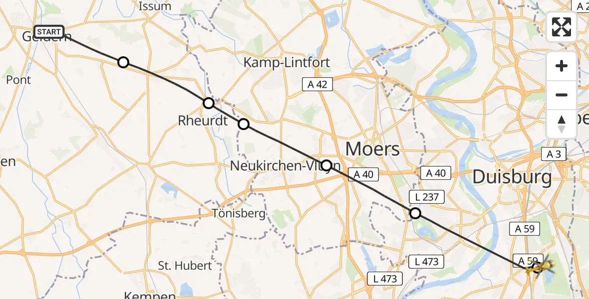Flugroute Rettungshubschrauber Geldern - Duisburg Air Rescue Hubschrauberlandeplatz (Christoph 9), 24 August 2026, 10:30