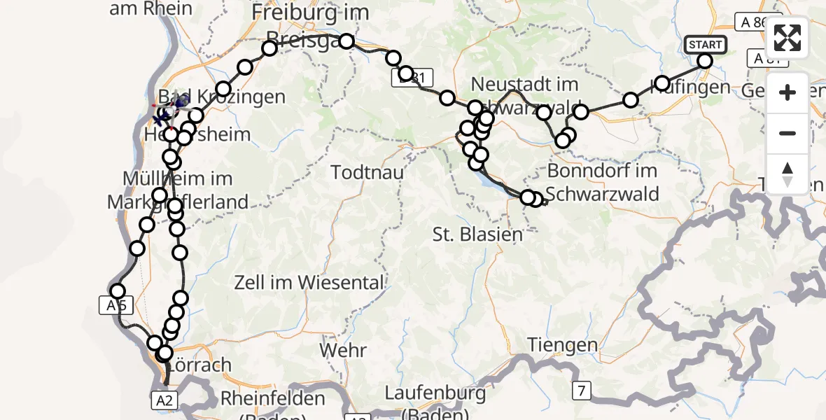 Flugroute Polizeihubschrauber Donaueschingen-Villingen Flugplatz - Bremgarten Flugplatz, 24 August 2026, 10:35