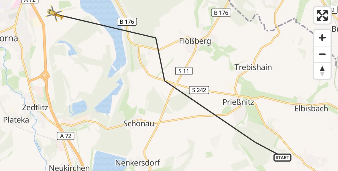 Flugroute Rettungshubschrauber Frohburg - Borna, 24 August 2026, 10:37