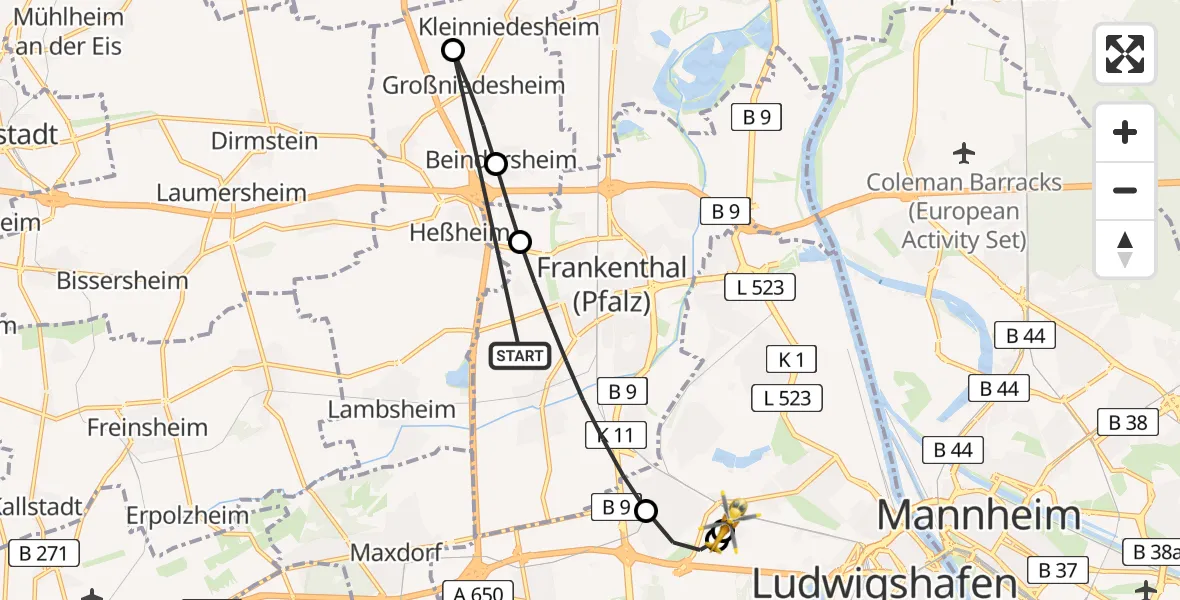 Flugroute Rettungshubschrauber Frankenthal (Pfalz) - Ludwigshafen Accident Hospital, 24 August 2026, 10:43