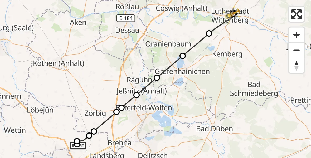Flugroute Rettungshubschrauber Halle-Oppin Flugplatz - Paul-Gerhardt-Stift Evangelical Hospital, 24 August 2026, 10:49