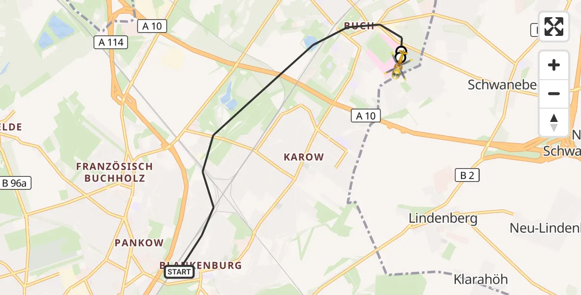 Flugroute Rettungshubschrauber Berlin - Helios Clinic Berlin-Buch, 24 August 2026, 10:50