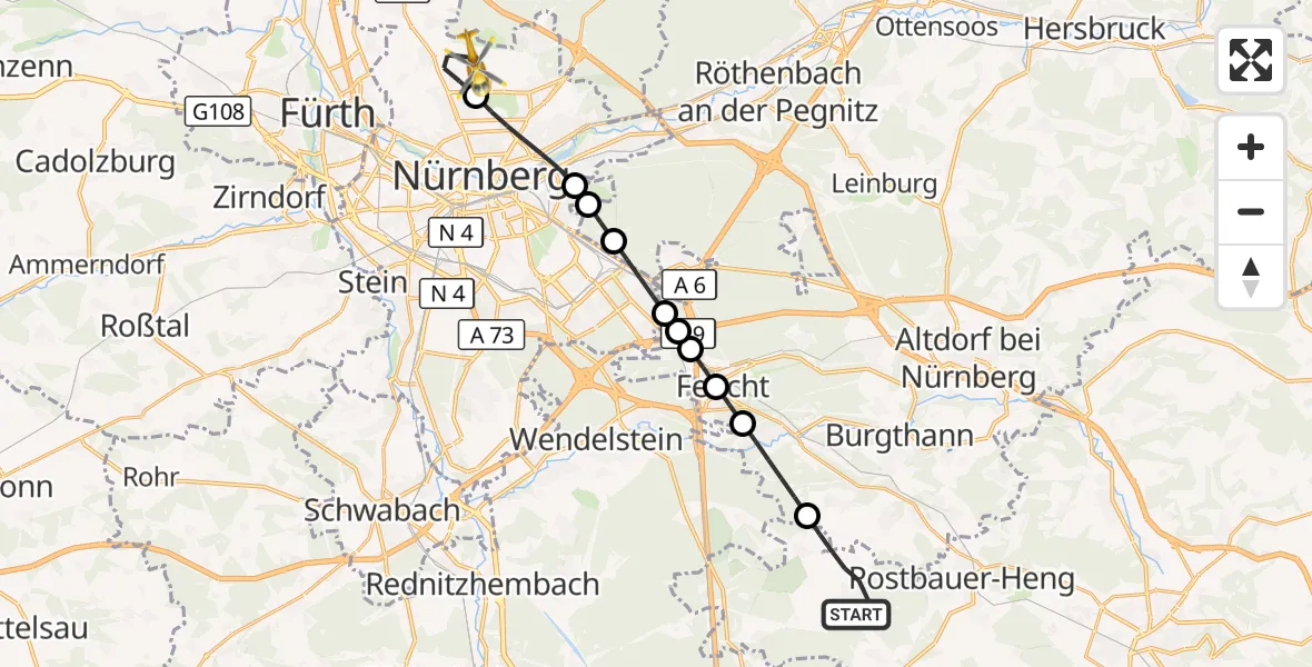 Flugroute Rettungshubschrauber Pyrbaum - Flughafen Nuremberg, 24 August 2026, 10:57