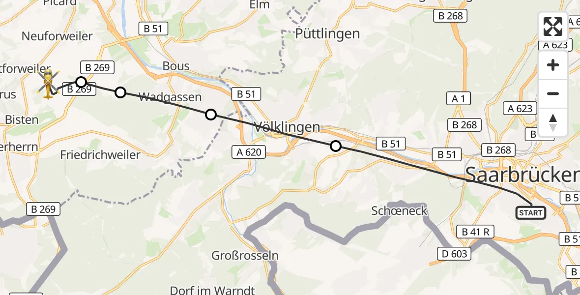 Flugroute Rettungshubschrauber Saarbrücken - Überherrn, 24 August 2026, 10:57