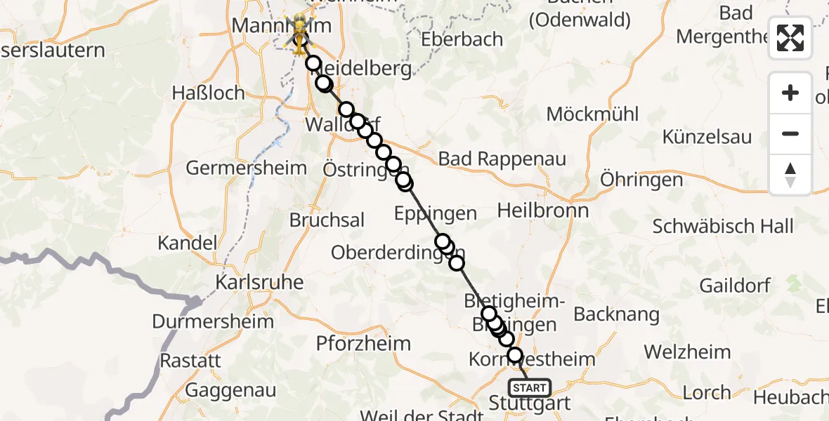 Flugroute Ambulanzhubschrauber Stuttgart - Mannheim-City Flughafen, 24 August 2026, 11:01