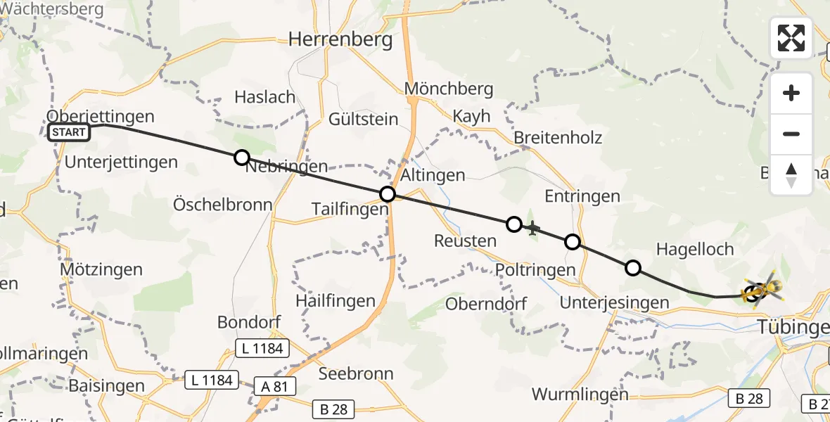 Flugroute Rettungshubschrauber Jettingen - Tübingen University Hospital, 24 August 2026, 11:07