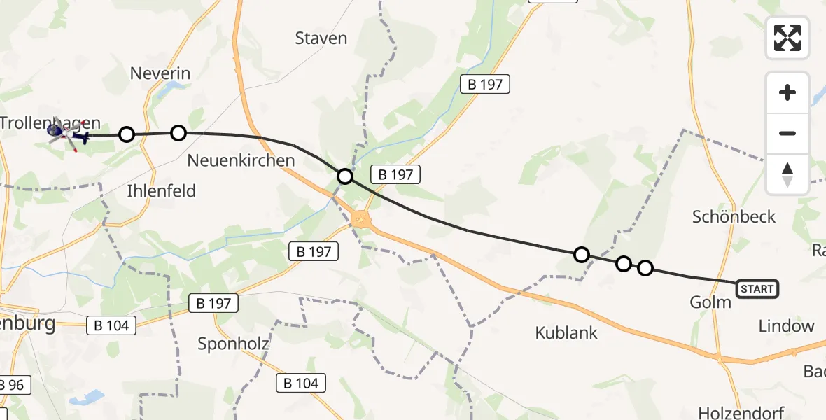 Flugroute Polizeihubschrauber Groß Miltzow - Neubrandenburg Trollenhagen Flughafen, 24 August 2026, 11:11