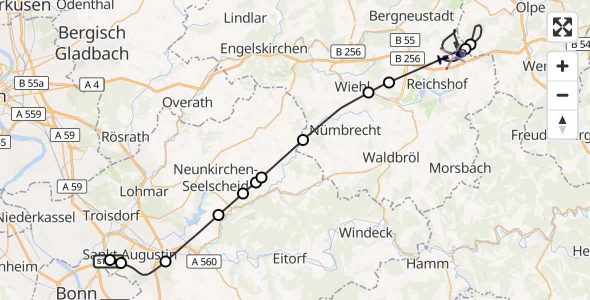 Flugroute Polizeihubschrauber Sankt Augustin - Reichshof, 24 August 2026, 11:24