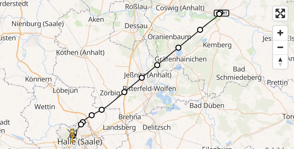 Flugroute Rettungshubschrauber Paul-Gerhardt-Stift Evangelical Hospital - Halle (Saale) University Hospital, 24 August 2026, 11:24