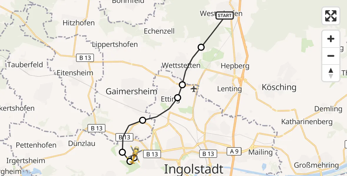 Flugroute Rettungshubschrauber Stammham - Ingolstadt Hospital, 24 August 2026, 11:28