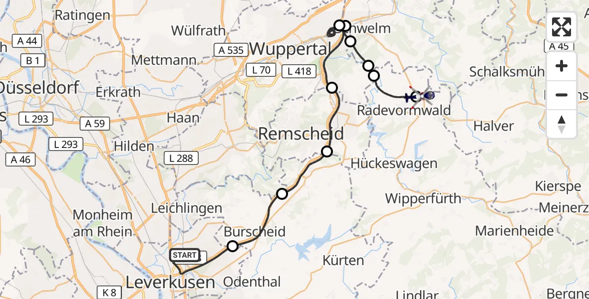 Flugroute Polizeihubschrauber Leverkusen - Radevormwald-Leye Segelfluggelände, 24 August 2026, 11:28