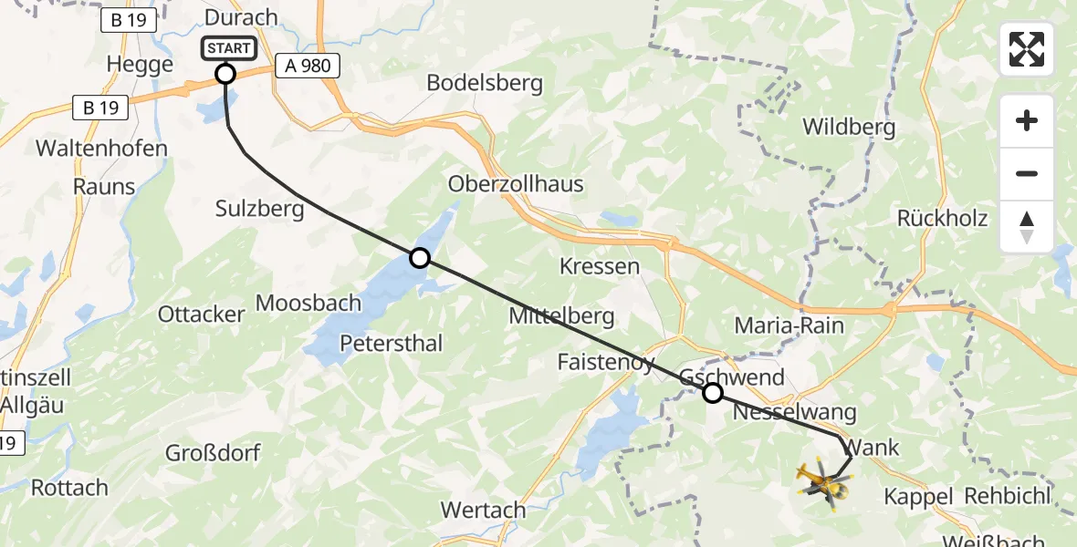 Flugroute Rettungshubschrauber Kempten-Durach Flugplatz - Nesselwang, 24 August 2026, 11:29