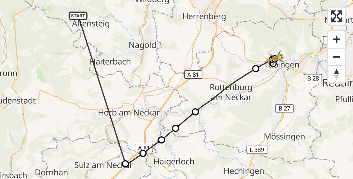 Flugroute Ambulanzhubschrauber Altensteig - Tübingen University Hospital, 24 August 2026, 11:30