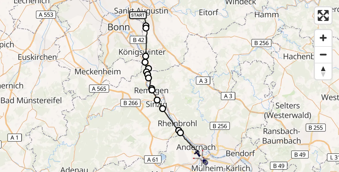 Flugroute Polizeihubschrauber Sankt Augustin - Andernach, 24 August 2026, 11:33