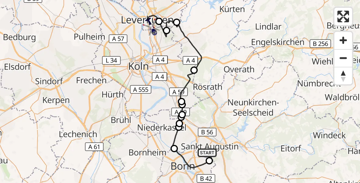 Flugroute Polizeihubschrauber Sankt Augustin - Leverkusen Flugplatz, 24 August 2026, 11:38