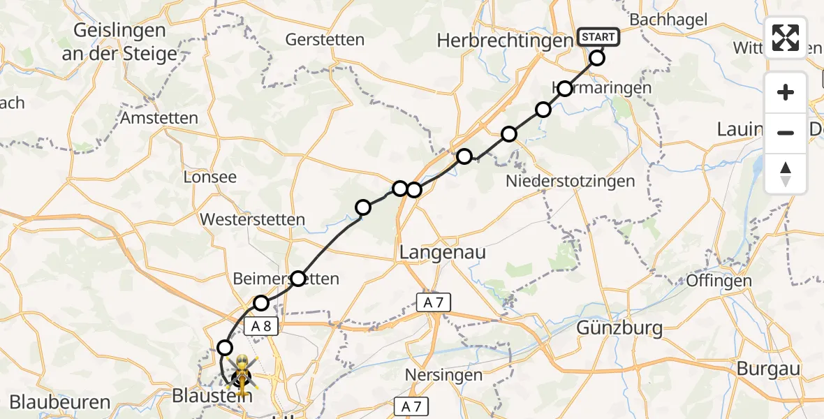 Flugroute Rettungshubschrauber Giengen an der Brenz - ADAC Air Rescue Station Ulm (Christoph 22), 24 August 2026, 11:38
