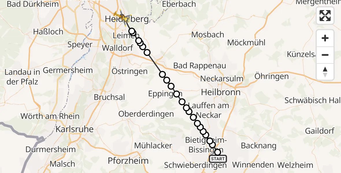 Flugroute Ambulanzhubschrauber Ludwigsburg - Heidelberg, 24 August 2026, 11:42