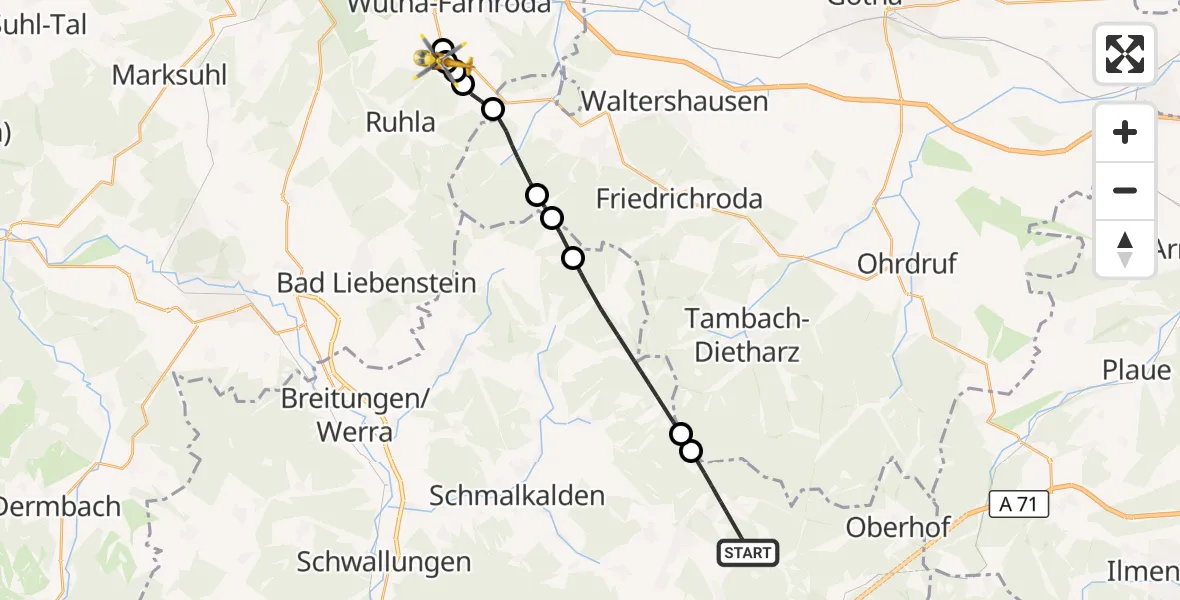 Flugroute Rettungshubschrauber Steinbach-Hallenberg - Ruhla, 24 August 2026, 11:42