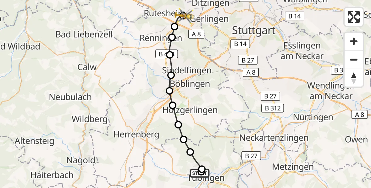 Flugroute Rettungshubschrauber Tübingen University Hospital - Leonberg Hospital Hubschrauberlandeplatz, 24 August 2026, 11:43
