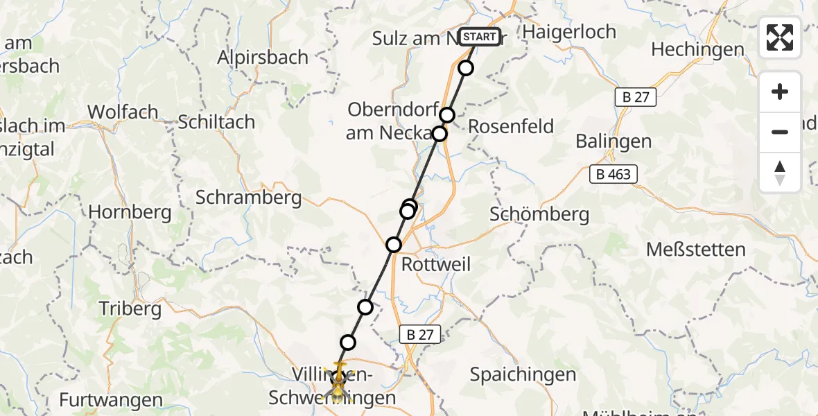 Flugroute Rettungshubschrauber Sulz am Neckar - DRF Air Rescue Station Villingen-Schwenningen Hubschrauberlandeplatz (Christoph 11), 24 August 2026, 11:49