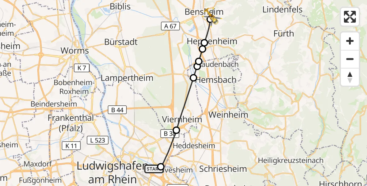 Flugroute Rettungshubschrauber Mannheim-City Flughafen - Bensheim, 24 August 2026, 11:52