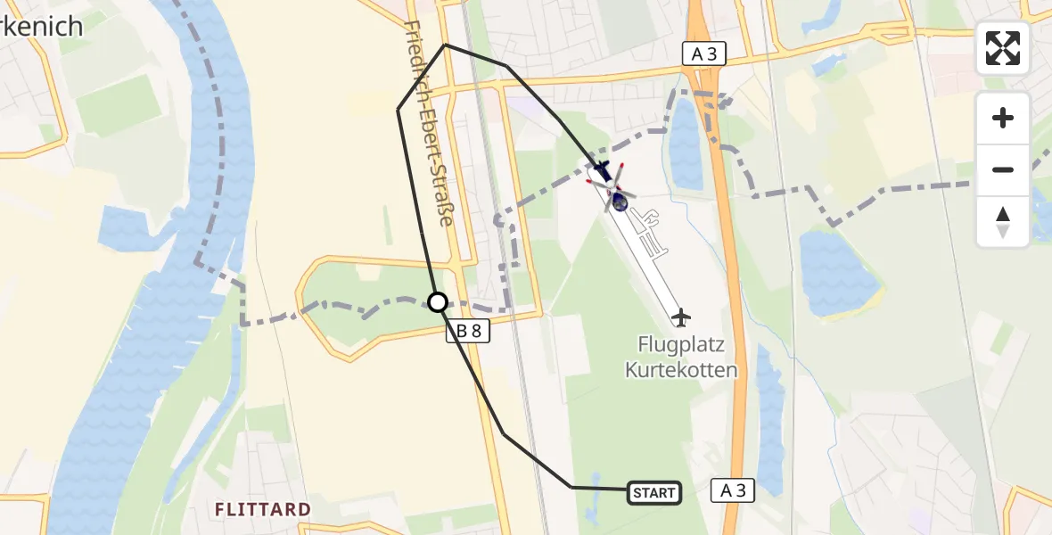Flugroute Polizeihubschrauber Köln - Leverkusen Flugplatz, 24 August 2026, 12:00